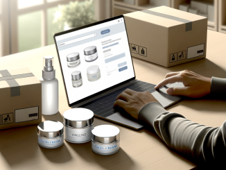 Confronto tra tre offerte online di una crema viso con laptop, vasetti cosmetici e scatole di spedizione