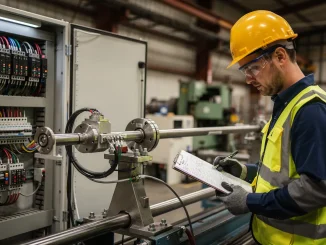 Ispettore tecnico davanti a una macchina industriale con encoder e quadro elettrico aperto durante un controllo di sicurezza